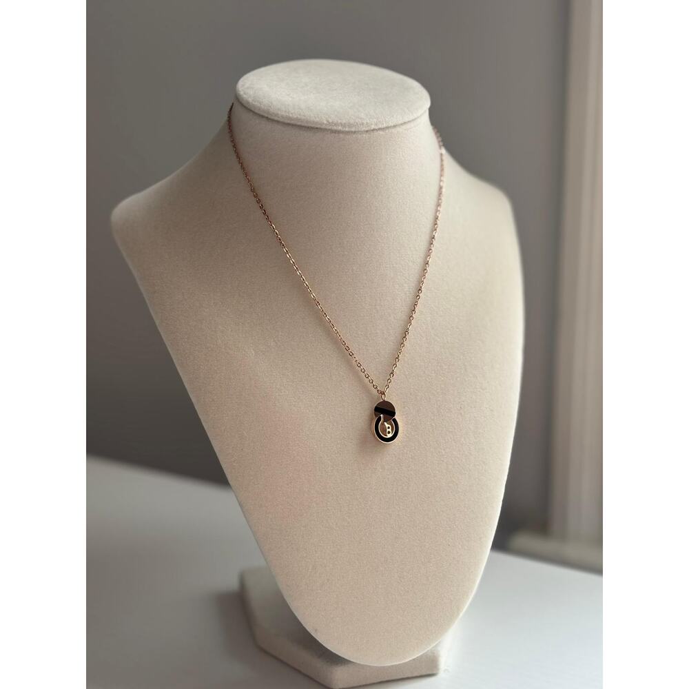 Rose Gold Necklace Round Pendant Minimal Black Detail Stainless Steel - Picture 5 of 9